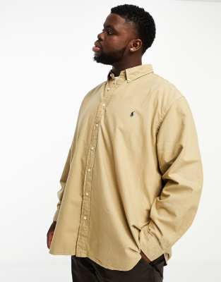 Polo Ralph Lauren Big & Tall icon logo classic fit garment dyed oxford shirt in tan-Brown