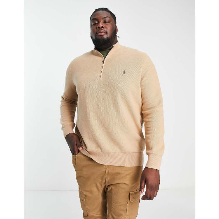 Polo Ralph Lauren Big & Tall icon logo heavyweight cotton knit half zip  jumper in camel marl | ASOS