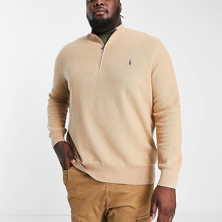 stil draadloze Buik Polo Ralph Lauren Big & Tall icon logo heavyweight cotton knit half zip  sweater in camel heather | ASOS