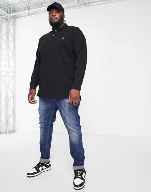 Polo Ralph Lauren Big & Tall icon logo long sleeve pique polo classic  oversized fit in black | ASOS