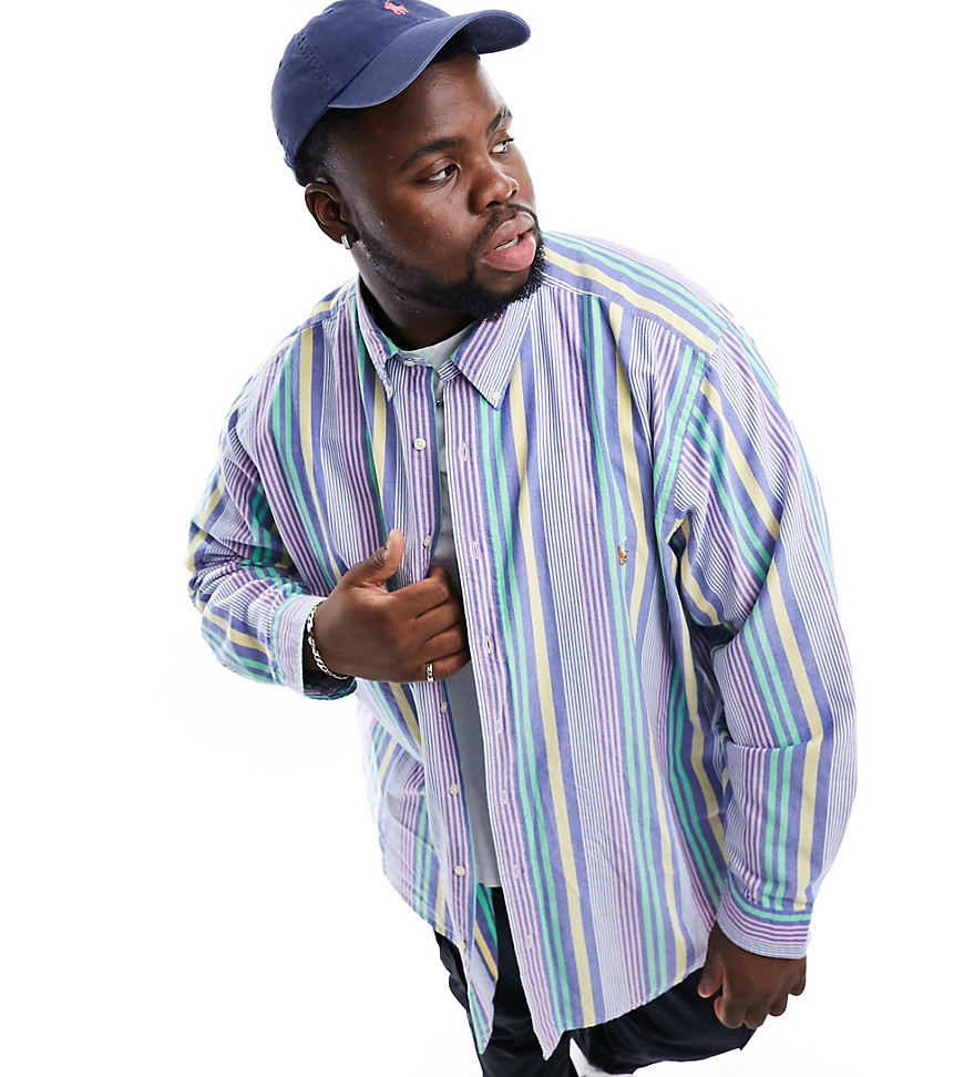 Polo Ralph Lauren Big & Tall icon logo multi stripe oxford shirt classic oversized fit in mid blue/w