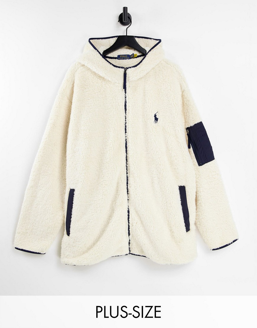 Polo Ralph Lauren Big & Tall icon logo shaggy borg full zip hoodie in cream-White
