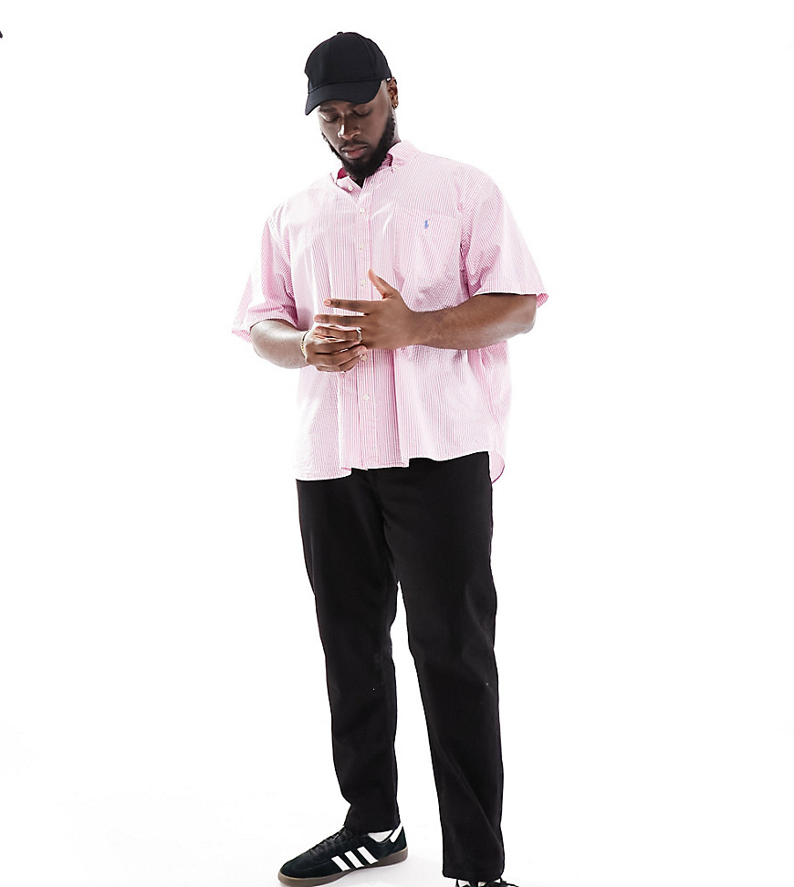Polo Ralph Lauren Big & Tall icon logo short sleeve stripe seersucker shirt classic oversized fit in pink/white