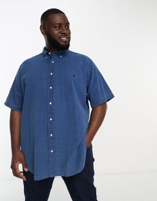 Polo Ralph Lauren Big & Tall icon logo short sleeve stripe seersucker shirt in dark indigo