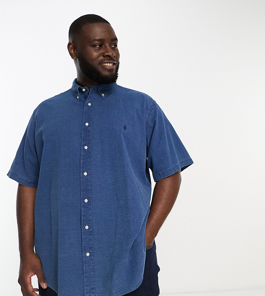 Polo Ralph Lauren Big & Tall icon logo short sleeve stripe seersucker shirt in dark indigo-Blue