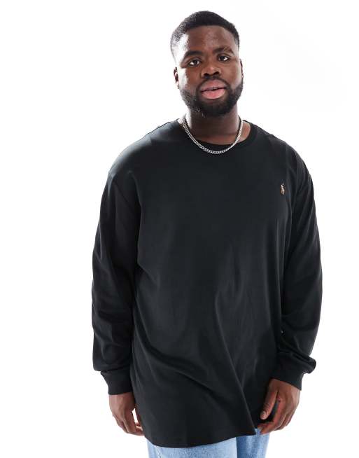 Polo Ralph Lauren Big & Tall - Icon - T-shirt a maniche lunghe in cotone pima nera con logo