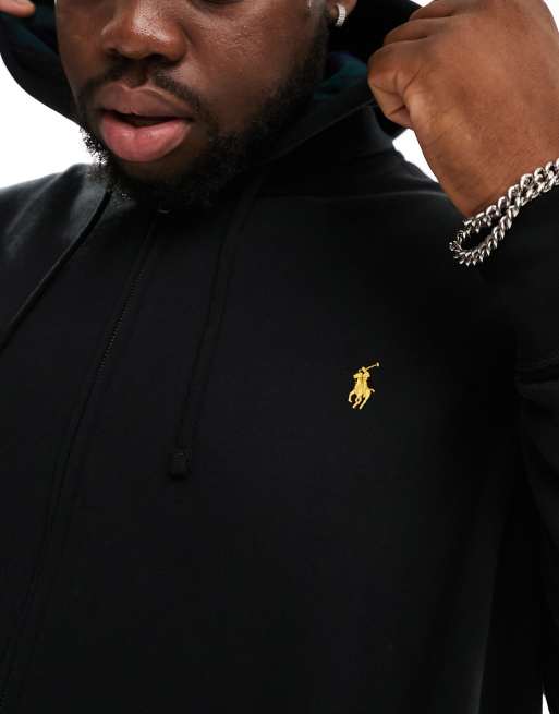 Polo Ralph Lauren Big Tall Kapuzenjacke aus Fleece in Schwarz mit durchgehendem ReiBverschluss und goldfarbenem Polospieler Logo ASOS