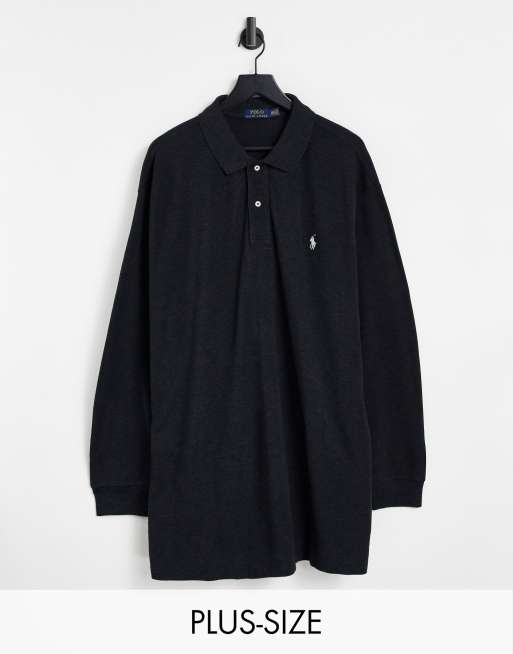 Polo Ralph Lauren – Big & Tall – Langärmliges Polohemd mit schmalem Schnitt und Markenlogo aus Pikee in schwarzem Kalk