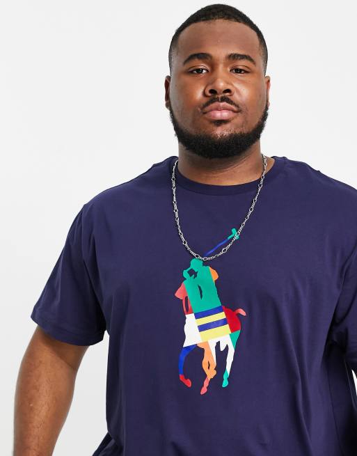 Polo Ralph Lauren Big & Tall large rainbow player logo T-shirt in navy |  ASOS