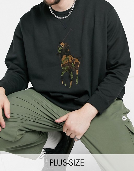 Polo Ralph Lauren Big & Tall large towelling camo player logo crewneck sweatshirt in black