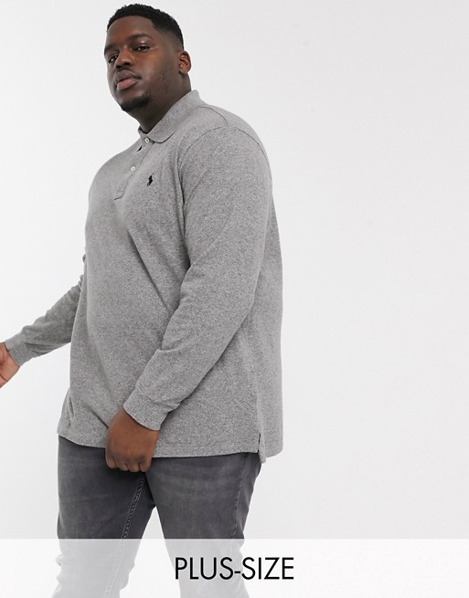 Polo Ralph Lauren Big & Tall long sleeve player logo pique polo shirt in dark grey marl
