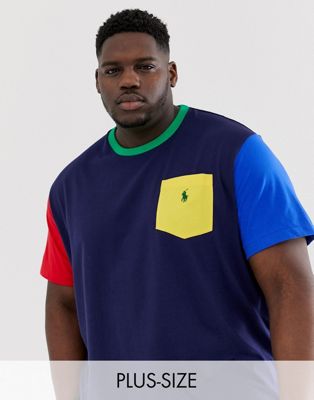 Polo Ralph Lauren – Big & Tall – Marinblå t-shirt med färgblock, ficka och player-logga