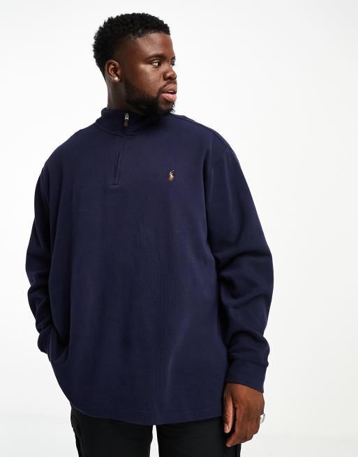 Polo Ralph Lauren Big Tall multi icon logo half zip double knit sweatshirt in navy ASOS