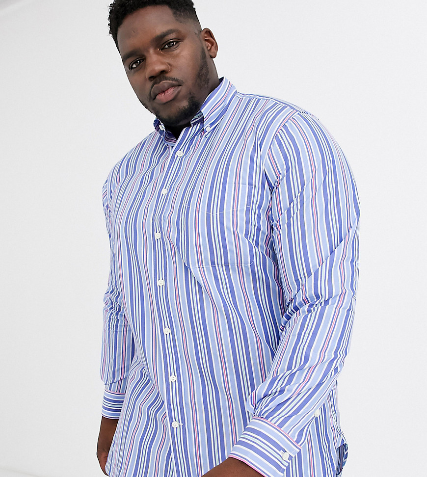 Polo Ralph Lauren – Big & Tall – Pastellblå randig poplinskjorta med stretch, button down-krage, bröstficka och flerfärgade ränder