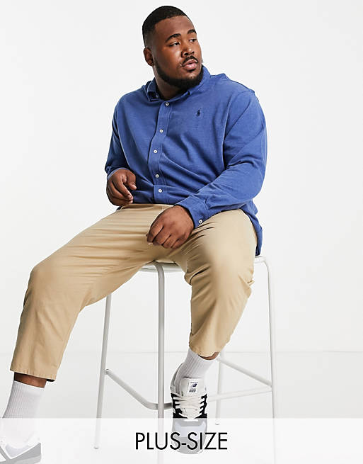 Polo Ralph Lauren Big & Tall player logo pique shirt button down in blue marl