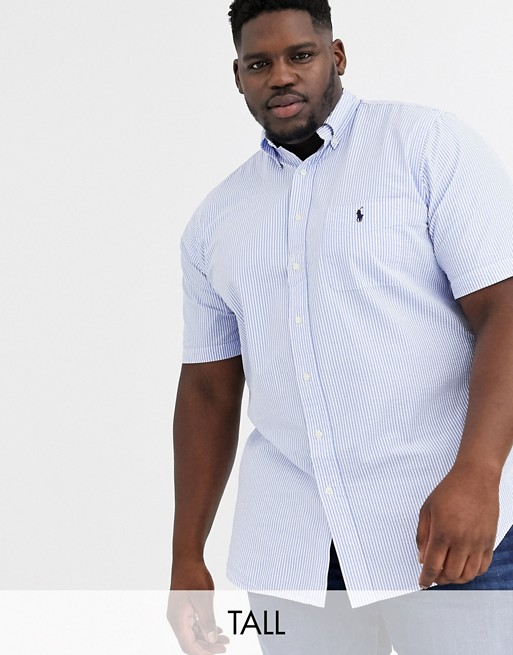 Polo Ralph Lauren Big & Tall player logo pocket short sleeve stripe seersucker shirt in blue/white