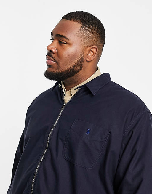 Polo Ralph Lauren Big & Tall player logo zip front garment dyed oxford  overshirt in navy