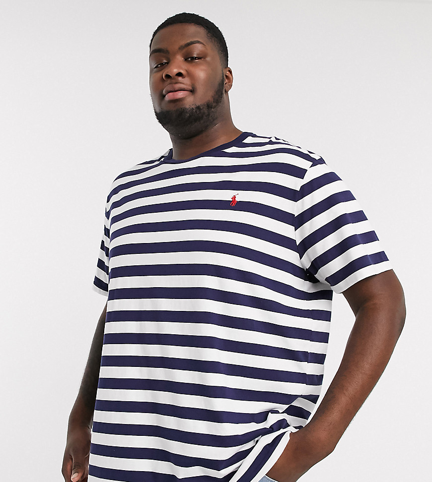 Polo Ralph Lauren Big & Tall – Randig t-shirt i marinblått/vitt med spelarlogga