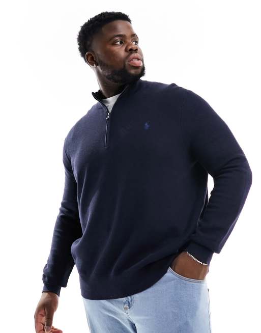Polo Ralph Lauren Big & Tall - Strikket, marineblåmeleret trøje med logoikon og halv lynlås i kraftigt bomuld