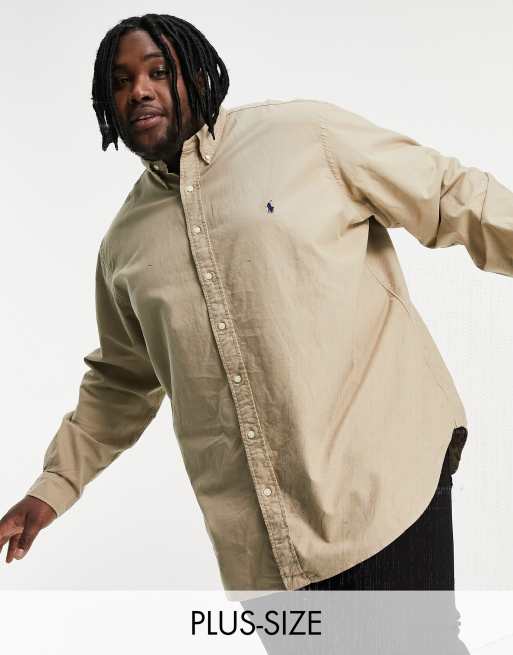 Polo Ralph Lauren Big & Tall – Stückgefärbtes Oxford-Hemd mit Polospieler-Logo in normaler Passform in Hellbraun