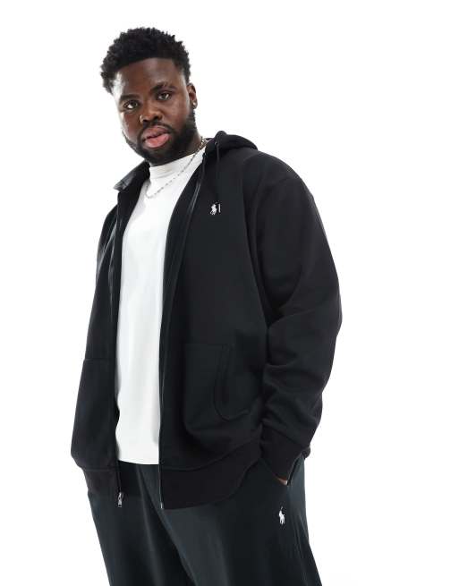 Polo Ralph Lauren – Big & Tall – Svart, dubbelstickad sweatshirt med kort dragkedja och ikonlogga