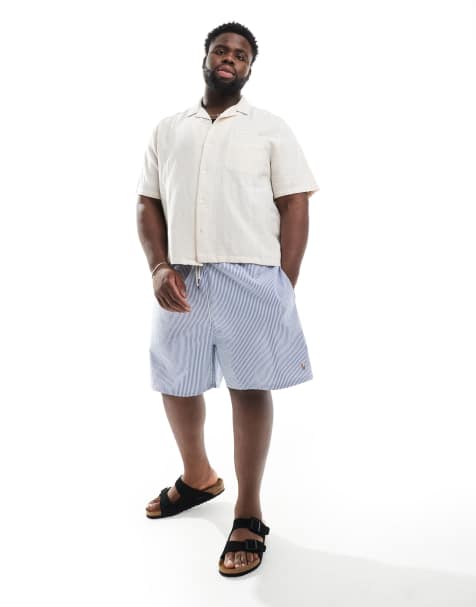 Polo Ralph Lauren Big & Tall - Traveler - Gestreepte seersucker zwemshort met iconisch logo en klassieke pasvorm in middenblauw - view 1