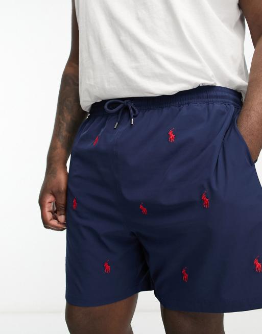 Polo Ralph Lauren Big & Tall – Traveler – Granatowo-czerwone szorty kąpielowe z nadrukiem z logo na całości