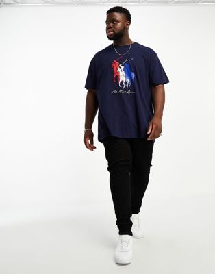 Polo Ralph Lauren Big & Tall tricolour player logo t-shirt classic oversized fit in navy - ASOS Price Checker