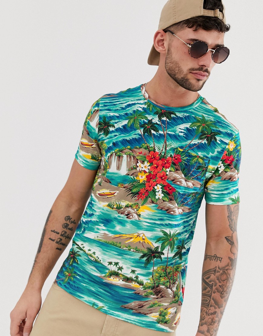 Polo Ralph Lauren – Blå hawaiimönstrad t-shirt med ficka och spelarlogga