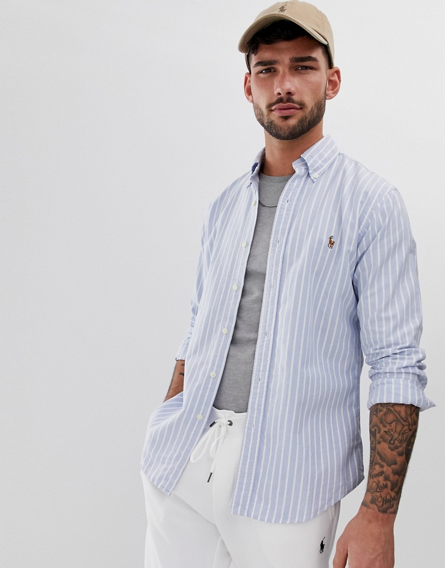 Polo Ralph Lauren – Blå, randig oxfordskjorta med knäppning, logga och smal passform