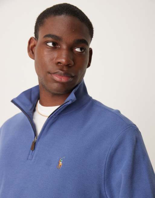 Polo Ralph Lauren - Blå strikket trøje med kvart lynlås og lange ærmer