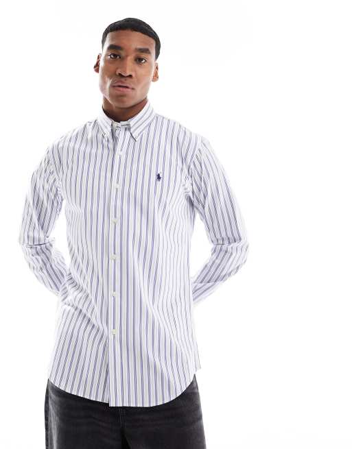 Polo Ralph Lauren – Blå/vit poplinskjorta med flerfärgade ränder, stretch och klassisk logga