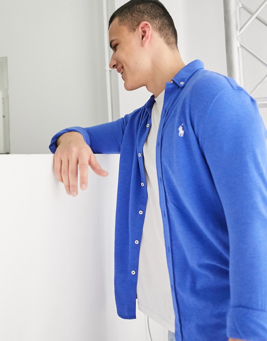 Polo Ralph Lauren – Blåmelerad pikéskjorta med smal passform och polospelarlogga
