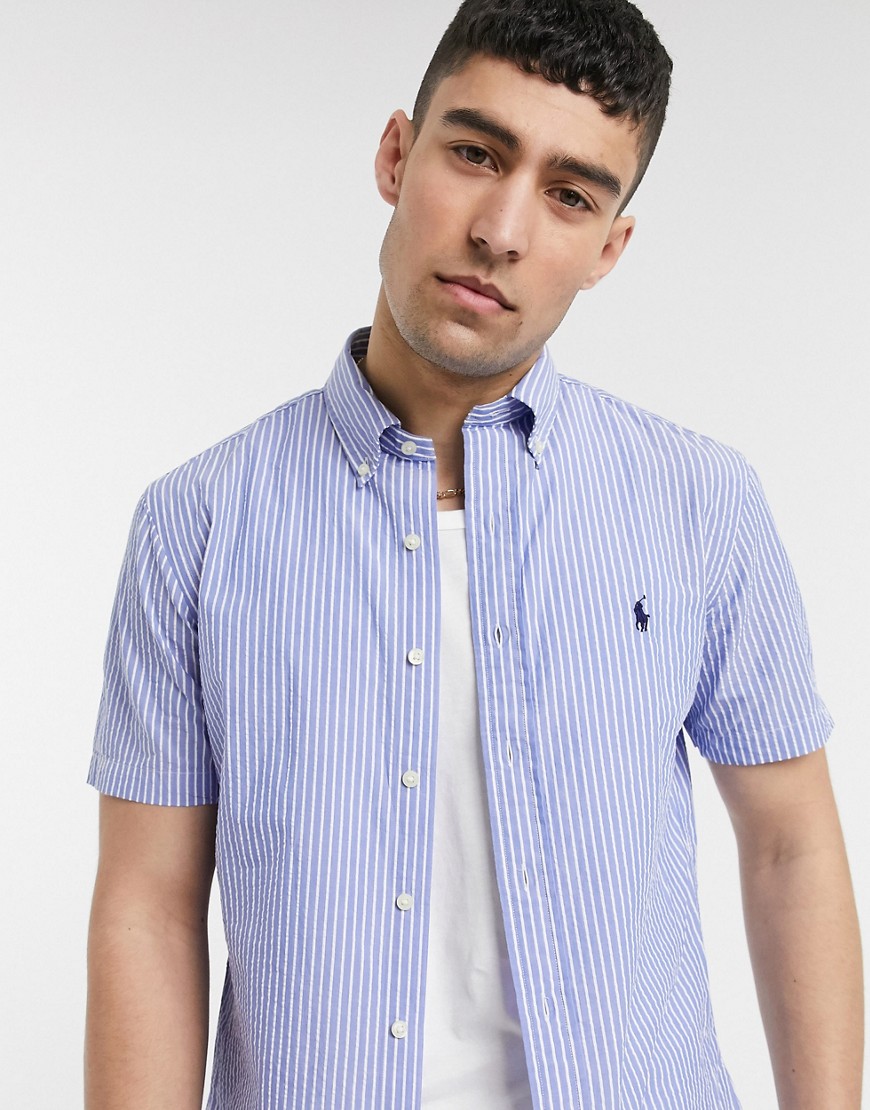 Polo Ralph Lauren – Blårandig, kortärmad skjorta i bäckebölja med logga, button down-krage och normal passform