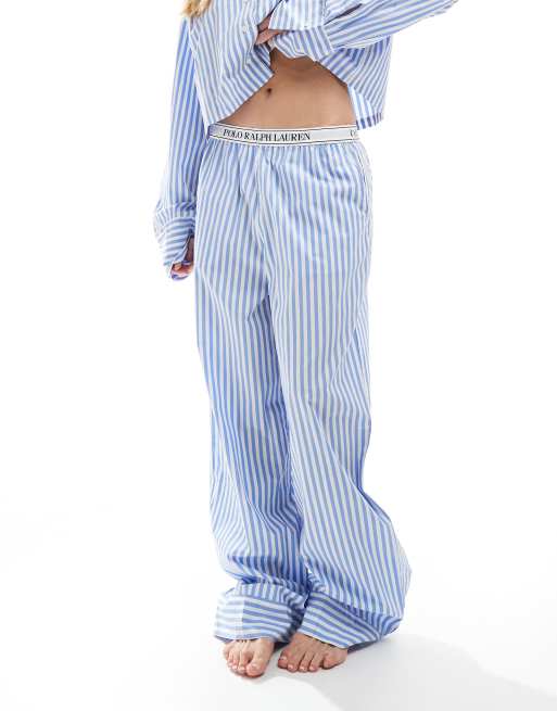 Polo Ralph Lauren – Blårandig pyjamasunderdel i poplin med elastisk midja med logga, 3 av 4