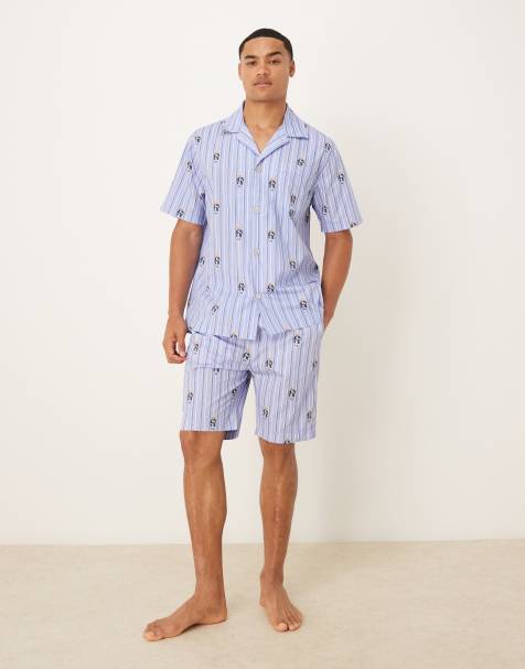 Polo Ralph Lauren - Blåt pyjamassæt med shorts og kortærmet skjorte med striber og Bear-logo - view 1