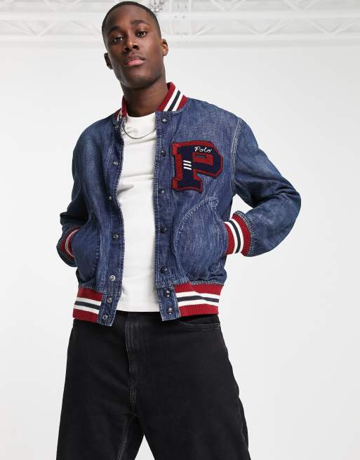 Polo Ralph Lauren Blouson universitaire en jean style baseball avec broderie au dos Bleu moyen d lav