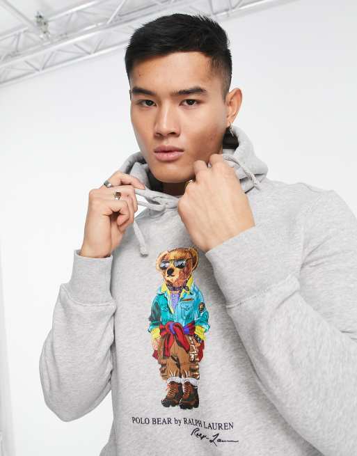 Polo Ralph Lauren – Bluza z kapturem w szarym melanżowym kolorze z grafiką z misiem