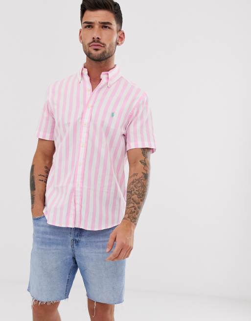 Polo Ralph Lauren bold stripe short sleeve poplin shirt classic fit button  down player logo in pink/white