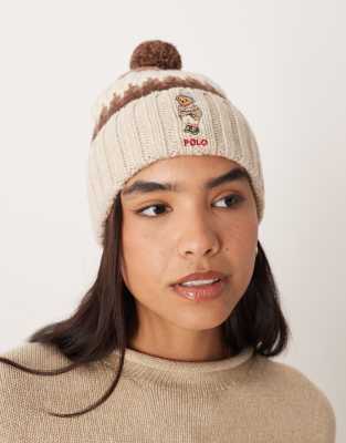Polo Ralph Lauren - Bommelmütze in Creme mit Argyle Bear-Strickmotiv-Weiß