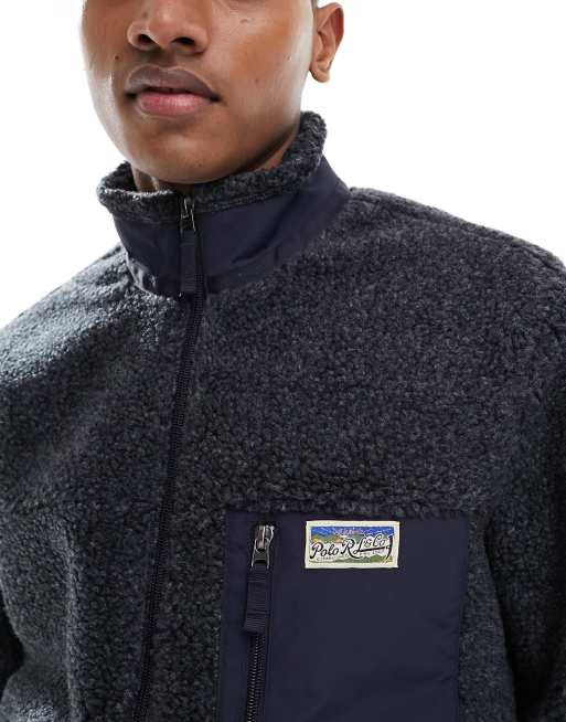 Polo Ralph Lauren bonded sherpa borg sweat jacket in navy marl, 4 of 4