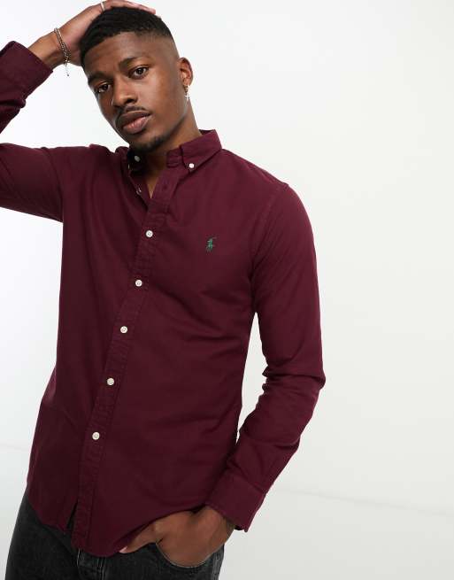 Polo Ralph Lauren - Bordeauxfarvet Oxford-skjorte med logoikon i Slim Fit