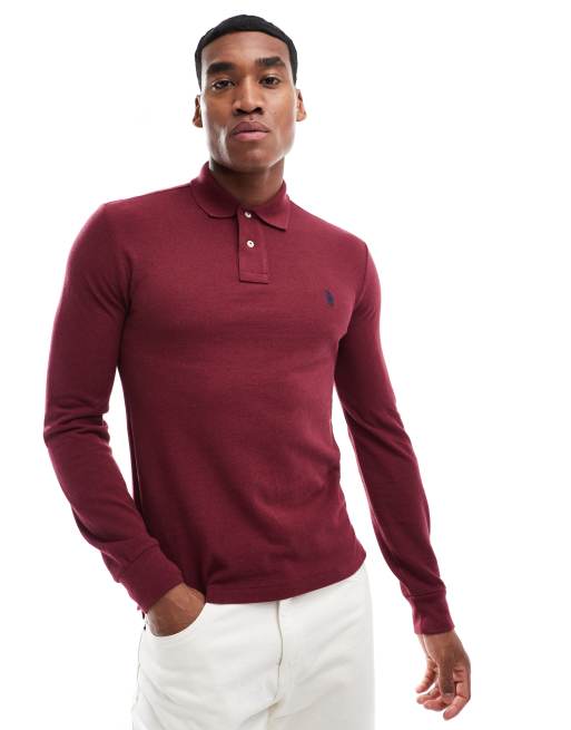Polo Ralph Lauren - Bordeauxmeleret Slim Fit-polo med lange ærmer og logoikon i piqué