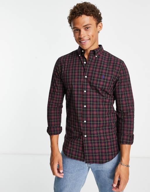 Polo Ralph Lauren – Bordowo-granatowa elastyczna koszula popelinowa o dopasowanym kroju we wzór w kratę z logo