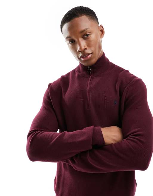 Polo Ralph Lauren – Bordowy sweter z grubej bawełnianej dzianiny z logo i zamkiem pod szyją