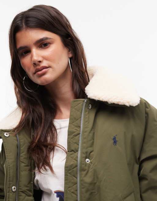 Polo Ralph Lauren borg collar flight bomber jacket in green, 3 of 4