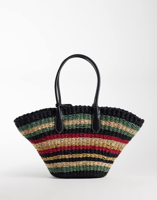 Polo Ralph Lauren borsa mare in rafia a righe con profili in pelle multicolore, 4 di 4