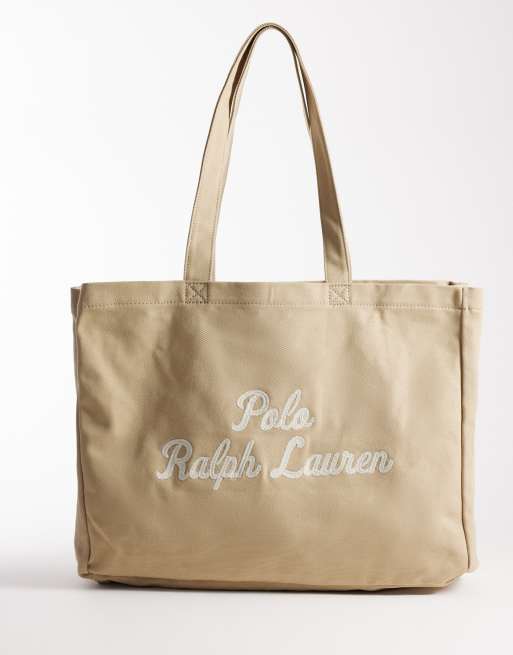 Polo Ralph Lauren - Borsa shopping in tela ricamata color cuoio