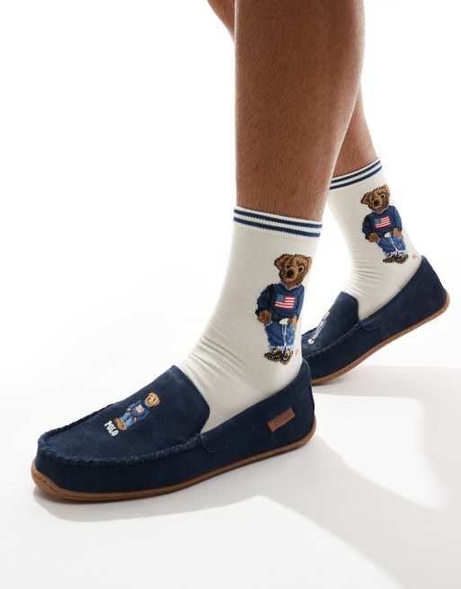 Polo Ralph Lauren Brenan slipper with bear logo in navy suede ASOS