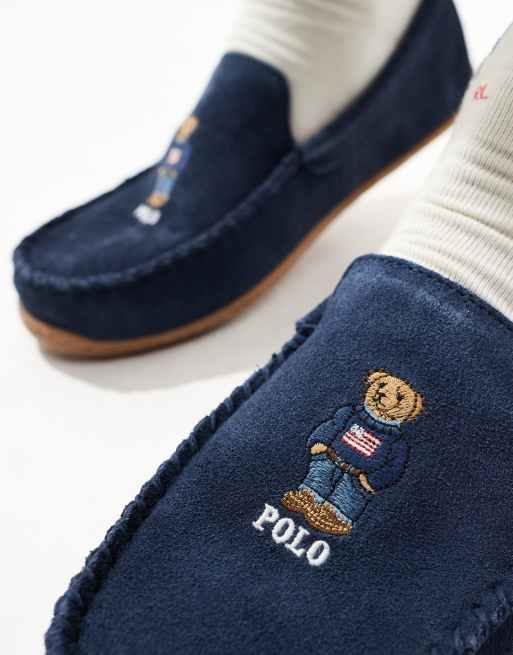 Polo Ralph Lauren Brenan slipper with bear logo in navy suede ASOS